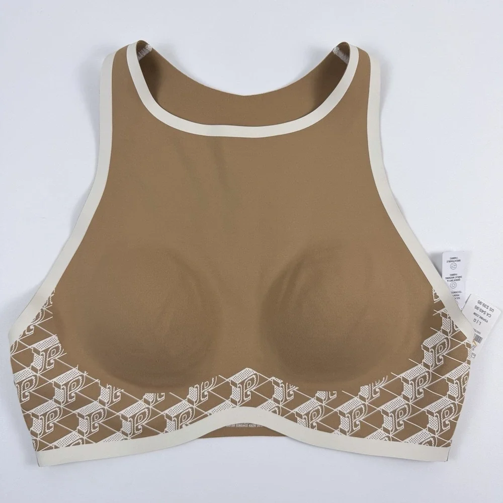 Victoria's Secret PINK Relay High Neck Racerback Sports Bra Tan Logo L NWT